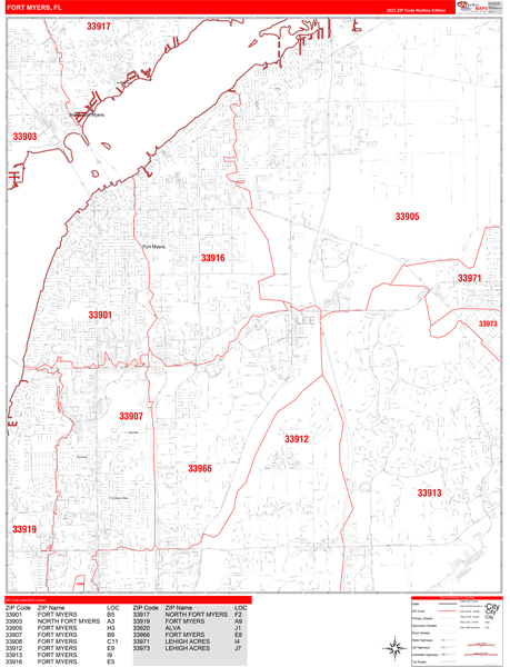 Fort Myers City Digital Map Red Line Style